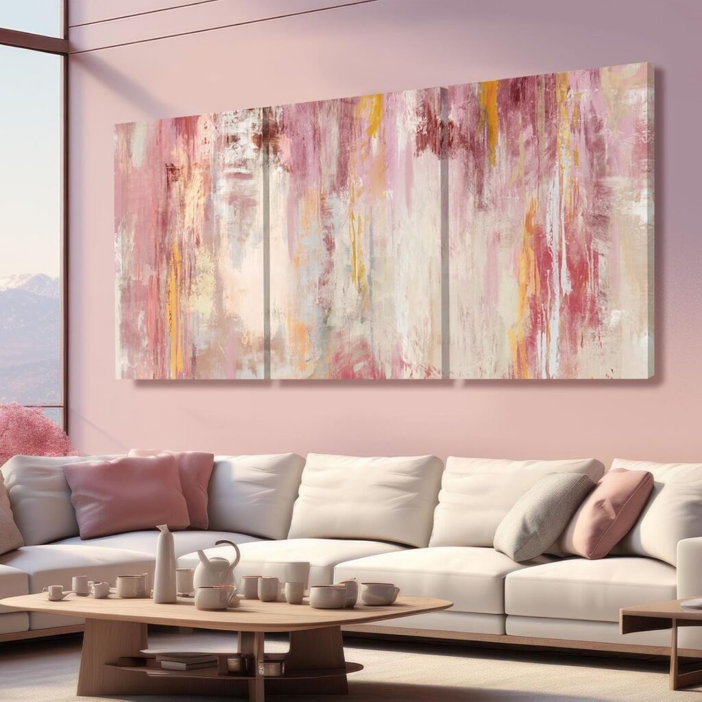 large pink and gold abstract canvas wall art set with modern framed triptych design for bedroom or living room