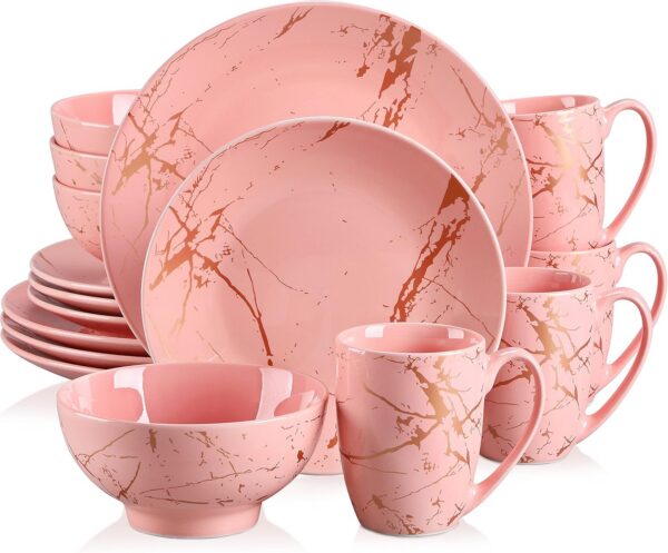 pink porcelain dinnerware set with gold splash glaze including plates bowls and mugs modern ceramic tableware set for four