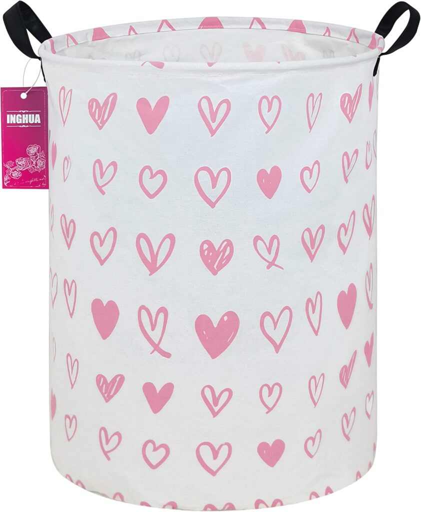 Pink hearts collapsible laundry hamper with lightweight canvas fabric and handles for bedroom or dorm storage