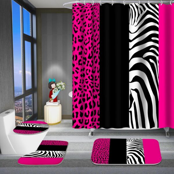 pink leopard print bathroom shower curtain set with matching bath mats toilet lid cover and animal print decor