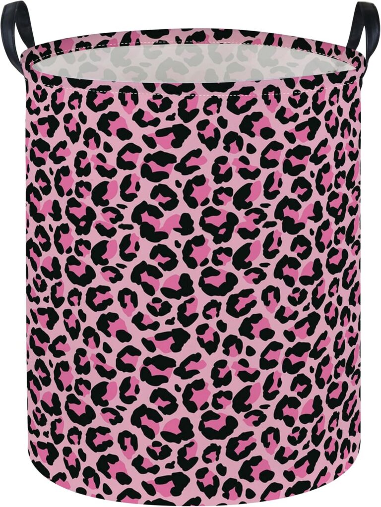 Pink leopard print collapsible laundry basket with waterproof canvas storage design for girls bedroom