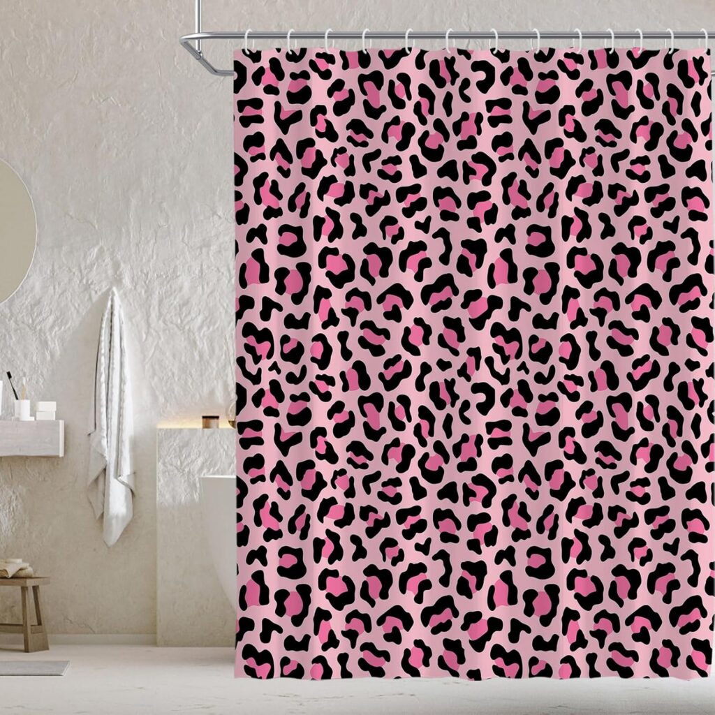 pink leopard print shower curtain with black cheetah pattern modern aesthetic bathroom decor waterproof polyester curtain