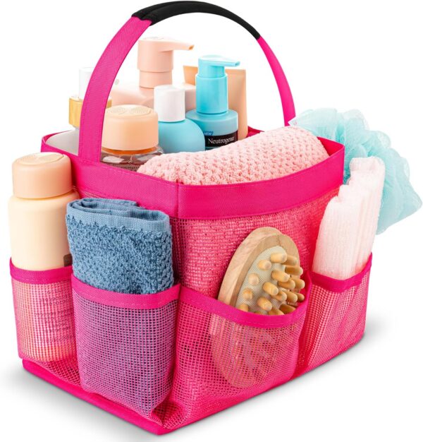 pink mesh shower caddy tote with multiple pockets for toiletries and dorm bathroom organization