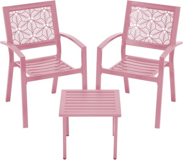 pink outdoor metal patio bistro set with two chairs and matching table for balcony or garden