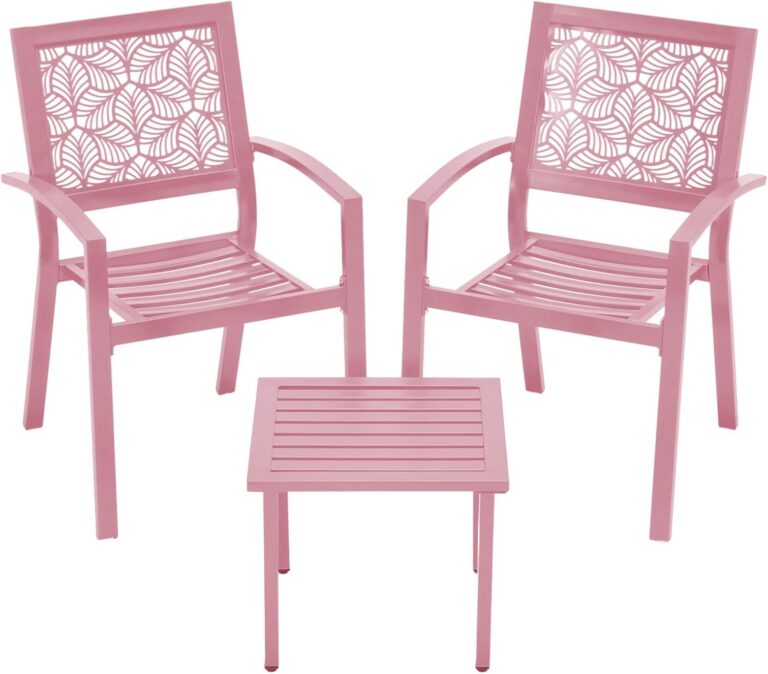 pink outdoor metal patio bistro set with two chairs and matching table for balcony or garden