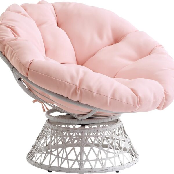 Bohemian papasan chair with cream wicker frame, pink tufted cushion, and swivel base