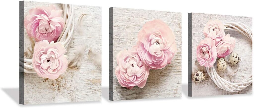 pink peony flower wreath canvas wall art set with soft floral botanical aesthetic prints