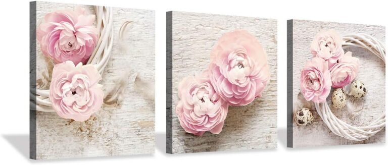 pink peony flower wreath canvas wall art set with soft floral botanical aesthetic prints