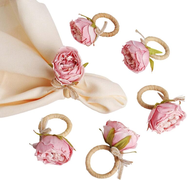 Pink peony flower handmade napkin rings set for wedding and table decor