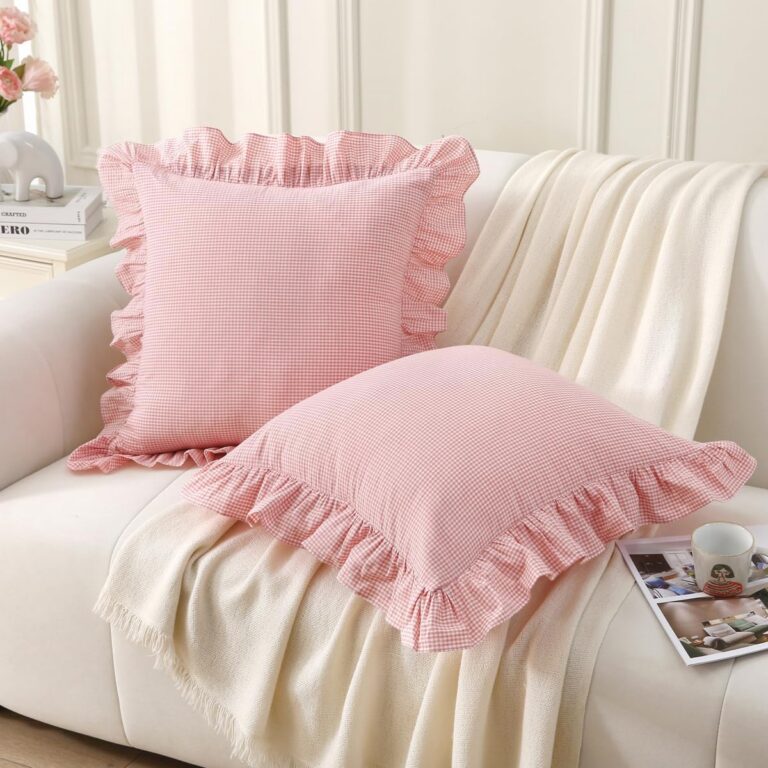 Pink and white plaid ruffle throw pillow covers with shabby chic farmhouse gingham design for couch or bed decor