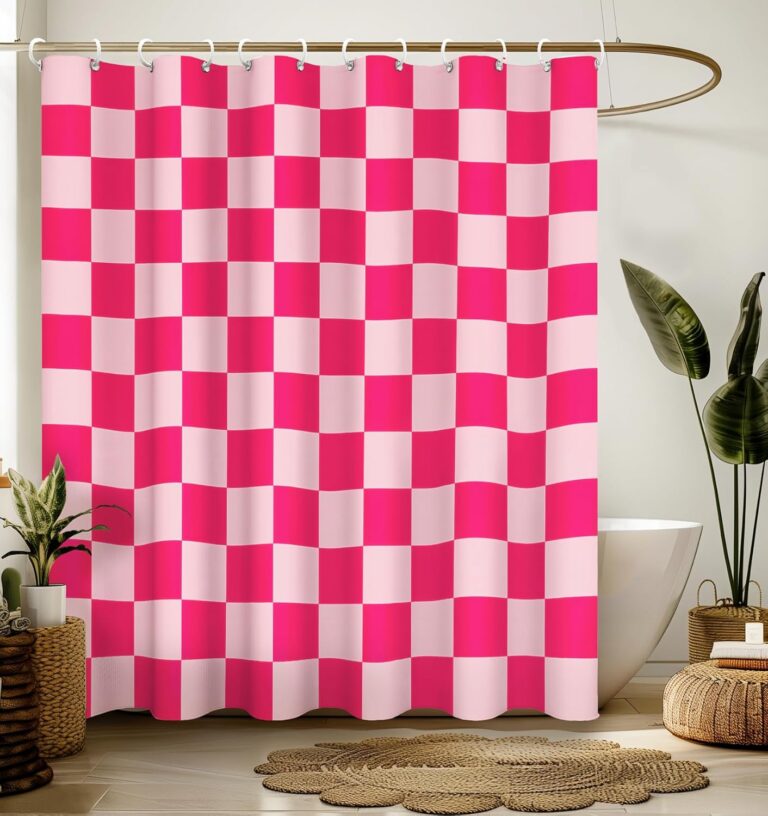 pink plaid waterproof shower curtain with cute checkered aesthetic bathroom decor design