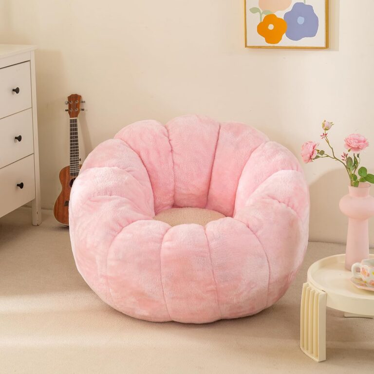 Pink pumpkin-shaped faux fur bean bag sofa chair for bedrooms, dorm rooms, and cozy lounge spaces