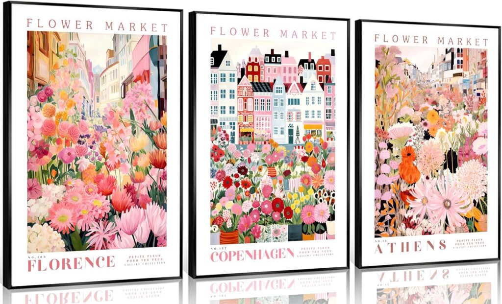 pink and purple flower market botanical canvas wall art poster set with colorful floral travel-inspired prints for bedroom and living room decor