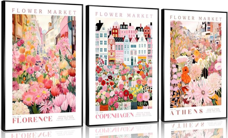 pink and purple flower market botanical canvas wall art poster set with colorful floral travel-inspired prints for bedroom and living room decor