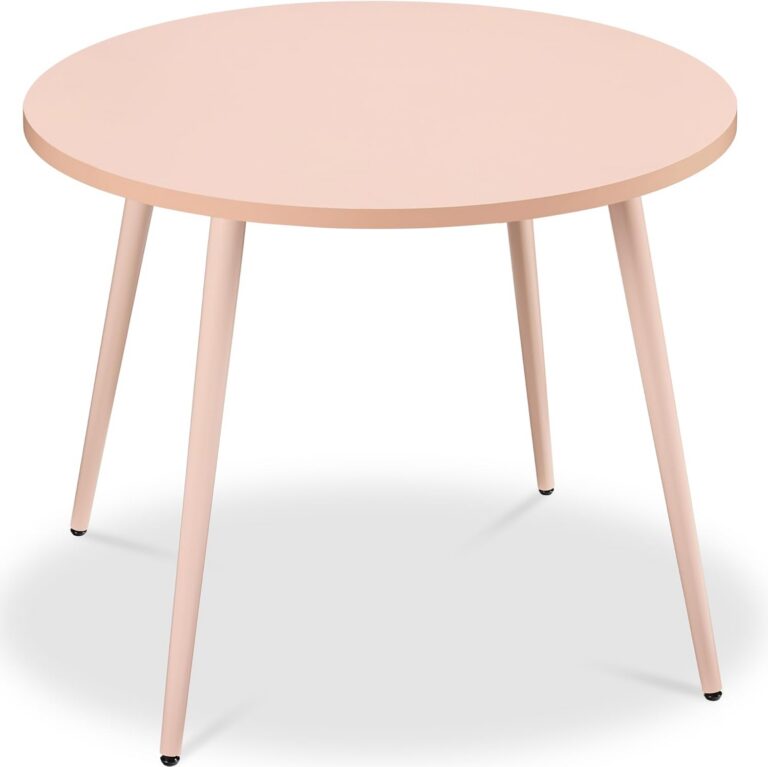 pink round mid-century modern dining table with tapered steel legs for small dining spaces