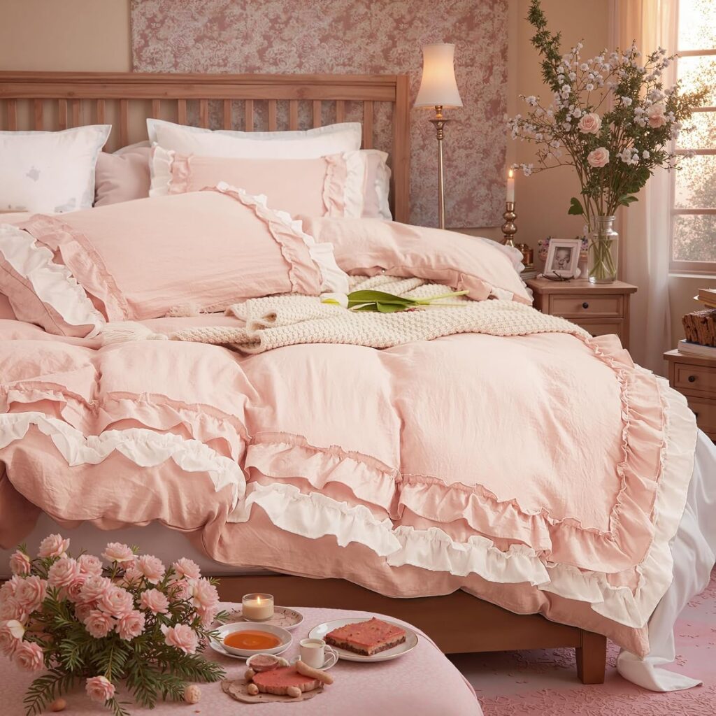 pink ruffle coquette duvet cover queen size shabby chic microfiber bedding set with romantic pleated fringe design