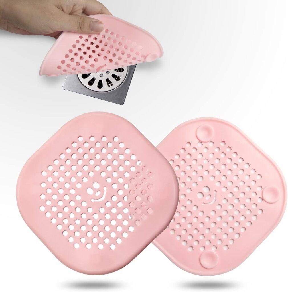 pink silicone shower drain hair catcher with suction cups for bathroom tub and sink protection