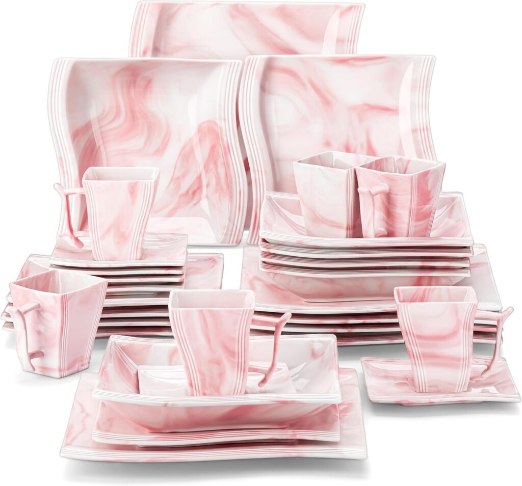 pink square porcelain dinnerware set with plates bowls mugs and saucers for modern dining table setup