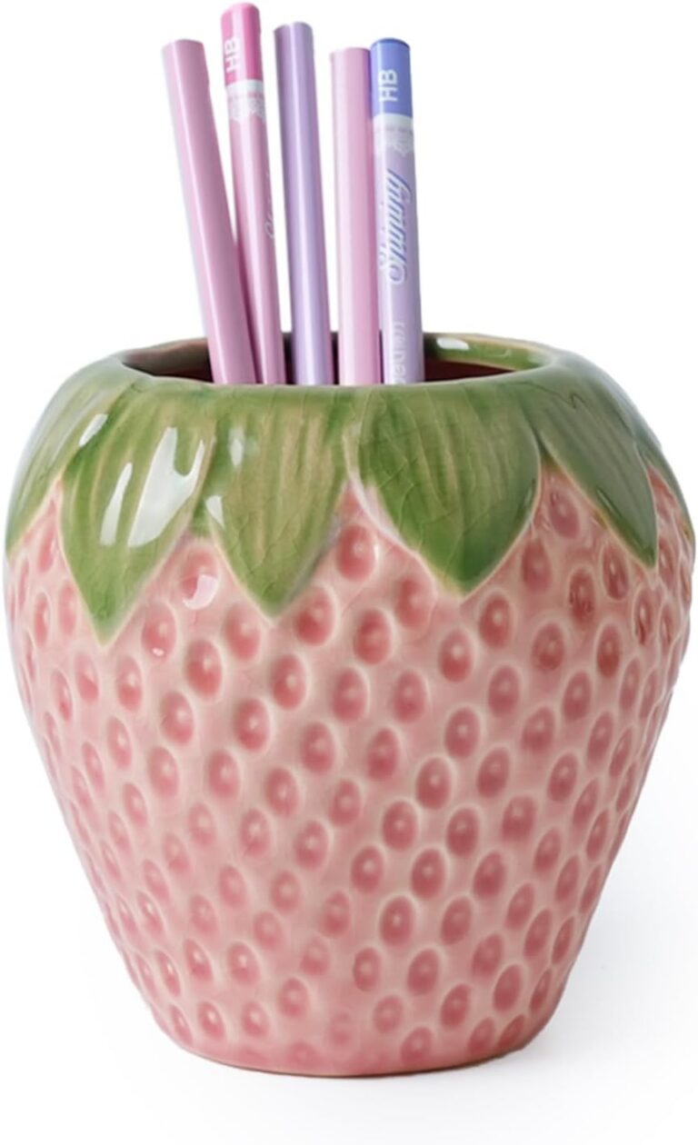 cute pink ceramic strawberry pencil holder for desk organization makeup brushes and stationery storage