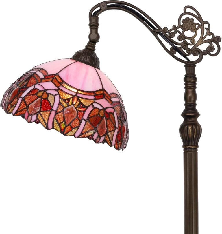 pink Tiffany stained glass arched floor lamp with adjustable gooseneck reading light for living room or bedroom
