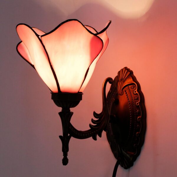 pink stained glass Tiffany wall sconce plug in lamp for bedroom hallway or living room decor