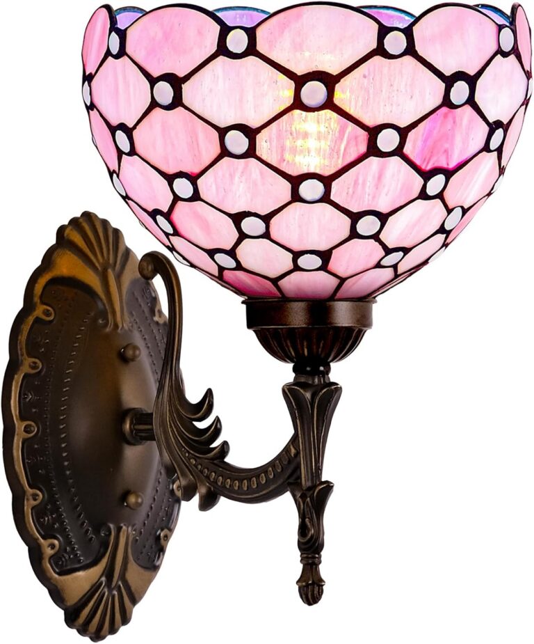 pink tiffany stained glass wall sconce with handcrafted floral shade for bedroom or hallway lighting