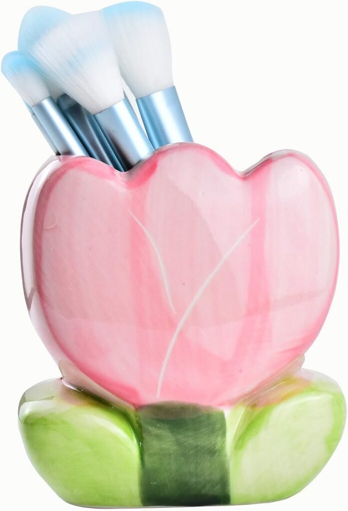pink ceramic tulip cosmetic storage holder for makeup brushes pens and desktop organization
