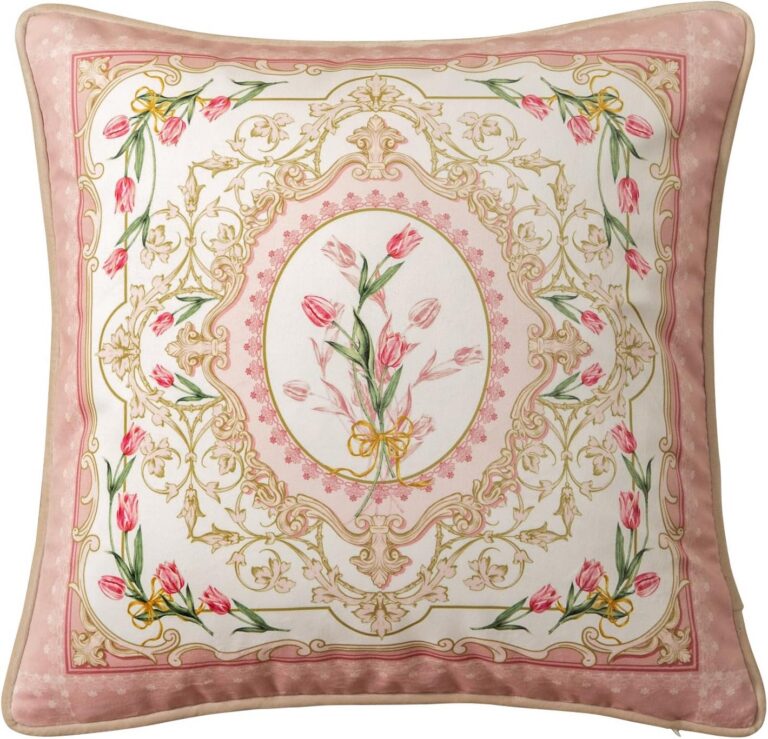light pink velvet floral throw pillow cover with tulip botanical design and decorative euro-style border