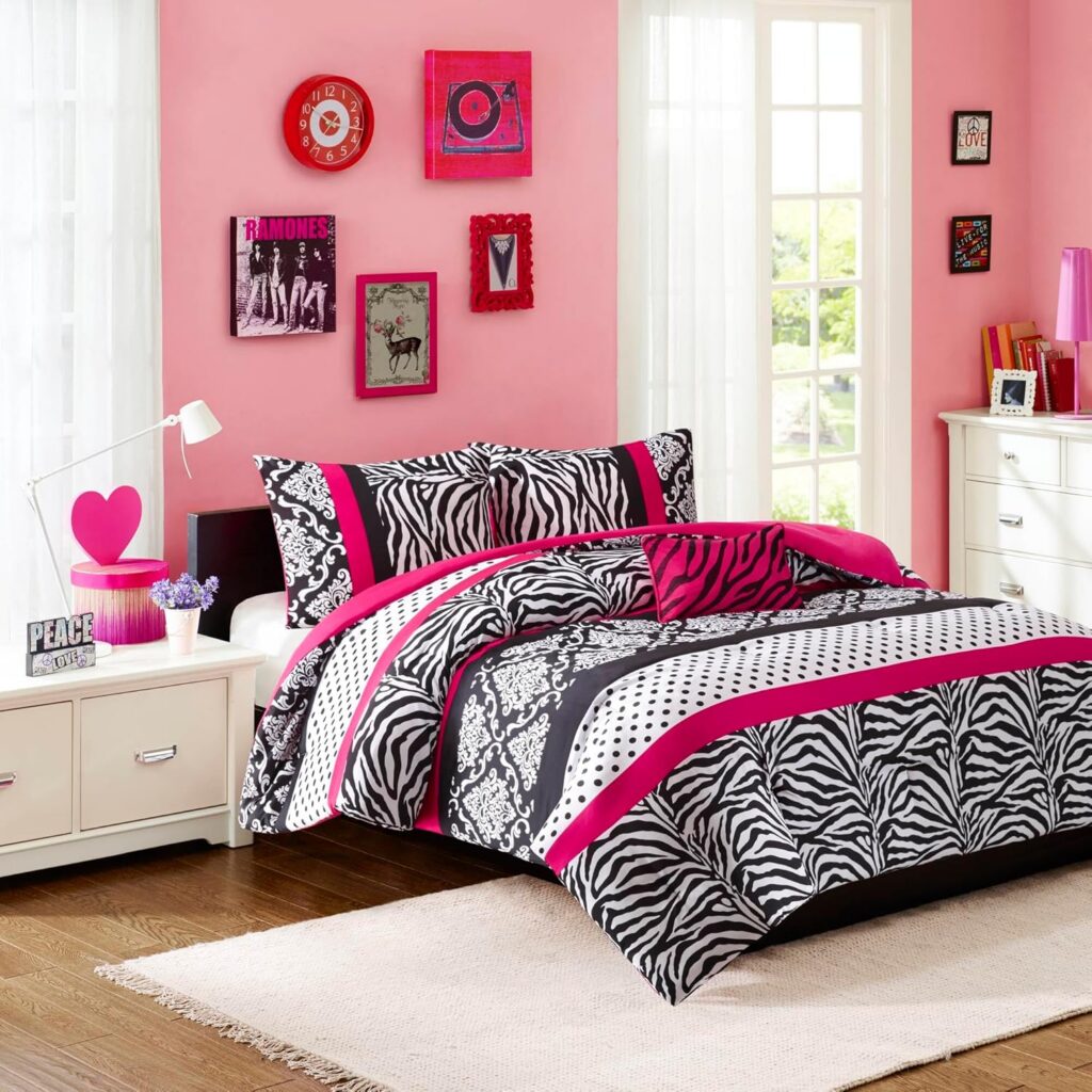 Pink zebra print and polka dot microfiber comforter set with matching shams and decorative pillow