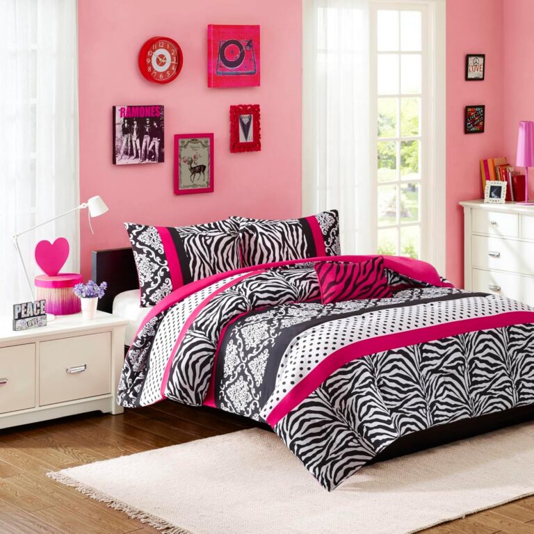 Pink zebra print and polka dot microfiber comforter set with matching shams and decorative pillow