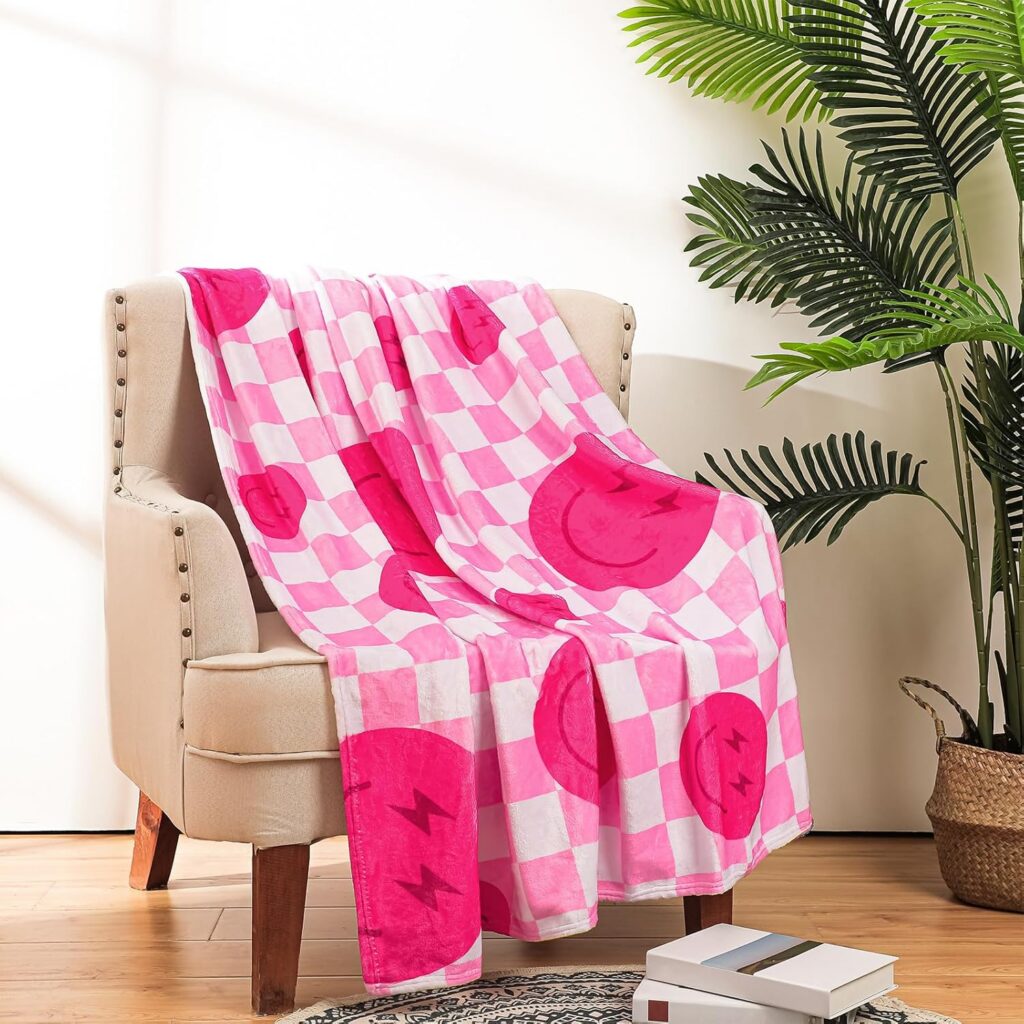 pink checkered smile face plush throw blanket for dorm room bedroom and cozy couch decor