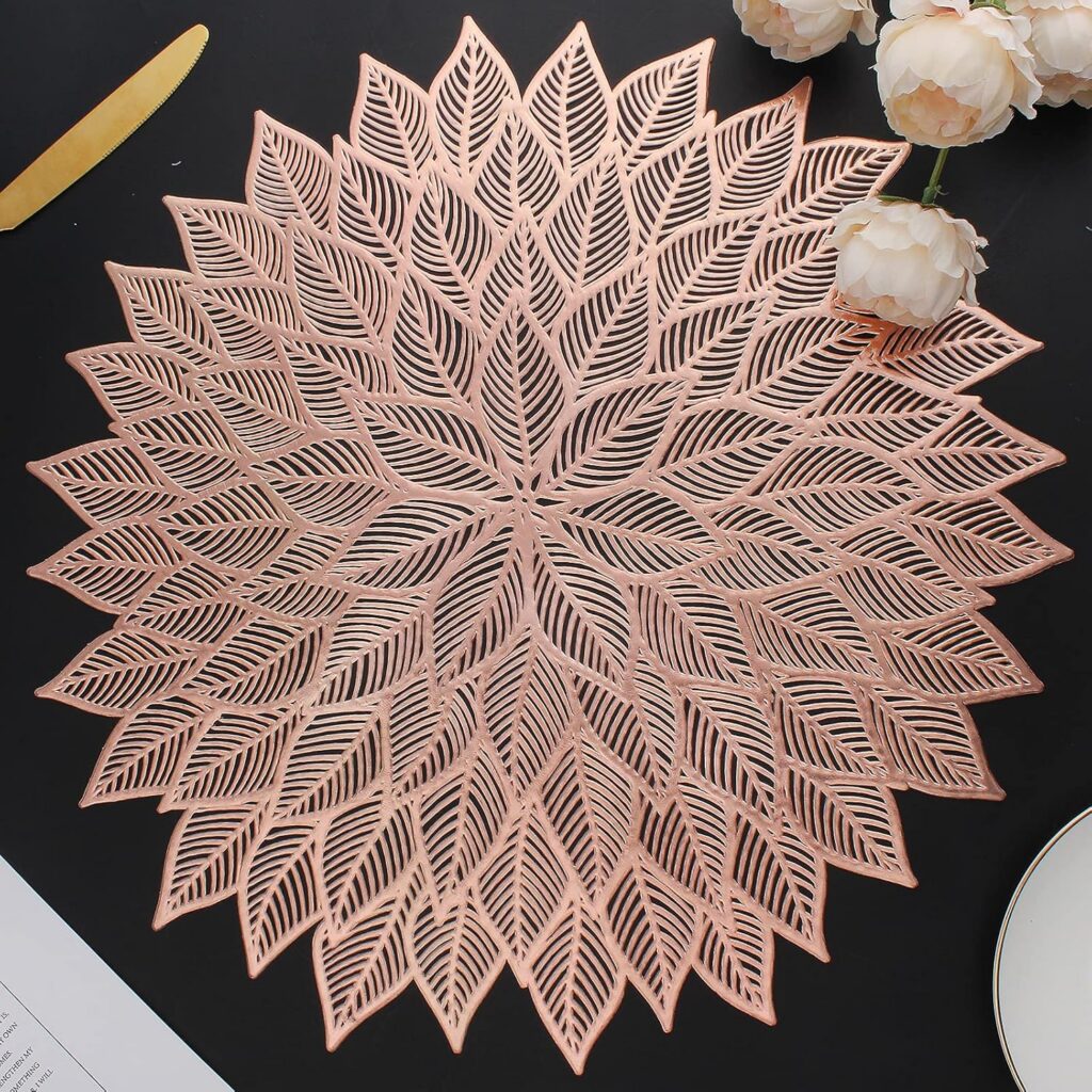 Rose gold floral hollow-out round placemats set for elegant dining table decor