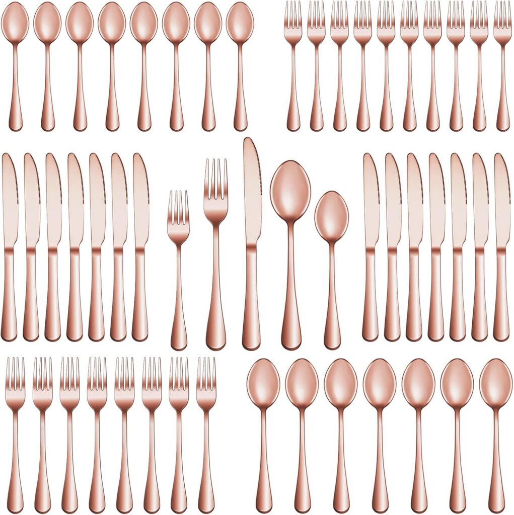 rose gold stainless steel flatware set with forks knives and spoons for four place settings