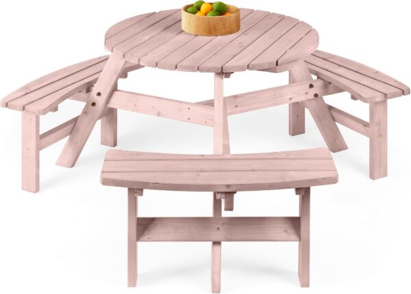 Round rose quartz wooden outdoor picnic table with three attached benches and umbrella hole