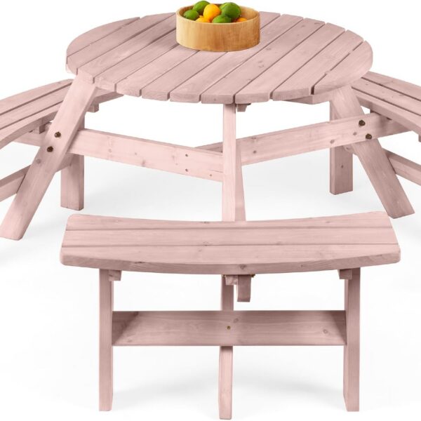 Round rose quartz wooden outdoor picnic table with three attached benches and umbrella hole