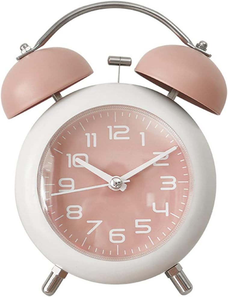 pink metal analog alarm clock with silent movement and night light retro desk clock