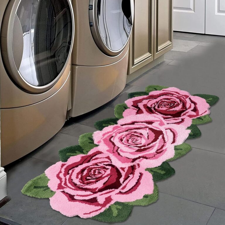 Fluffy pink rose runner rug with high pile texture and non-slip backing for bedroom or bathroom decor
