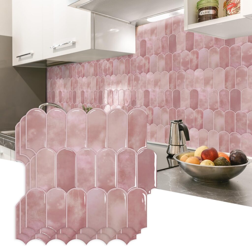 Pink peel and stick vinyl backsplash tiles with glossy geometric fan pattern for kitchen and bathroom walls
