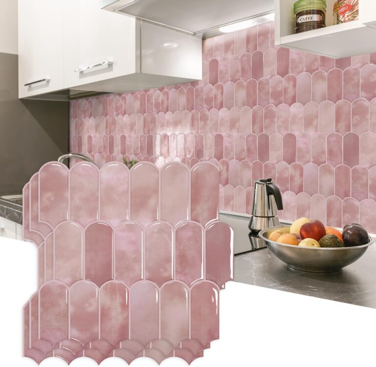 Pink peel and stick vinyl backsplash tiles with glossy geometric fan pattern for kitchen and bathroom walls