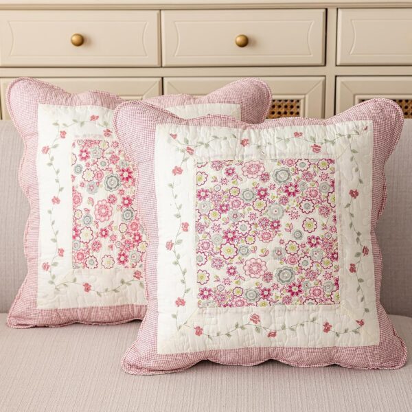 Quilted cotton floral patchwork throw pillow covers with ruffle edges in farmhouse cottage style