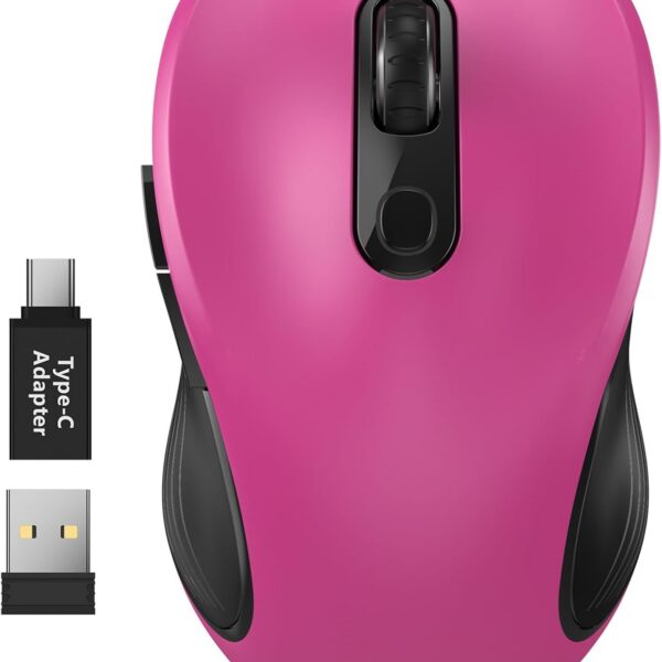 WisFox fuchsia ergonomic wireless mouse with USB receiver and Type-C adapter for laptops and desktops