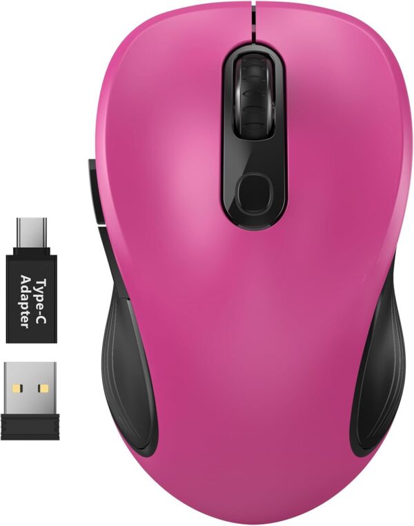 WisFox fuchsia ergonomic wireless mouse with USB receiver and Type-C adapter for laptops and desktops