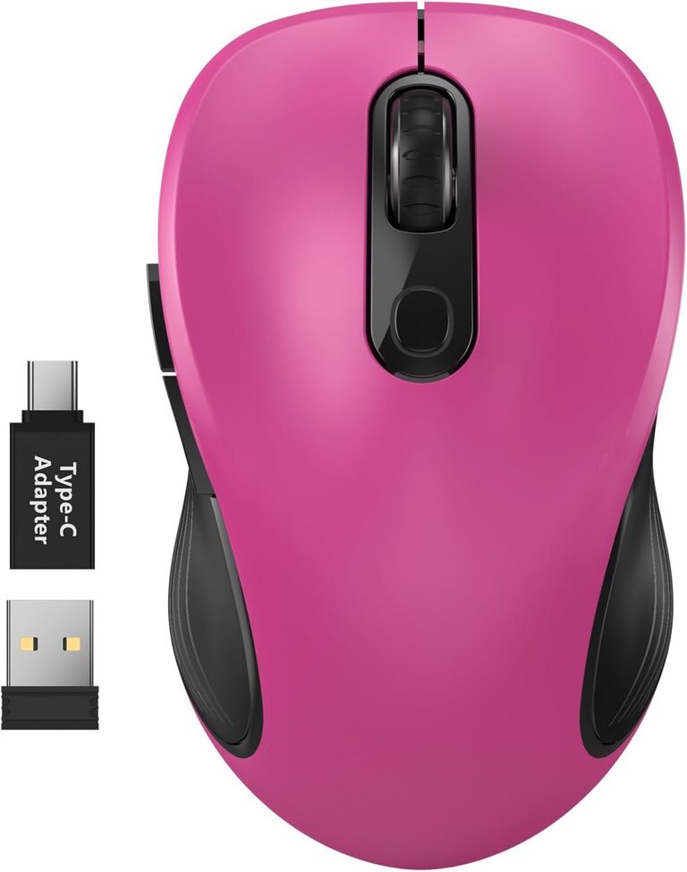 WisFox fuchsia ergonomic wireless mouse with USB receiver and Type-C adapter for laptops and desktops