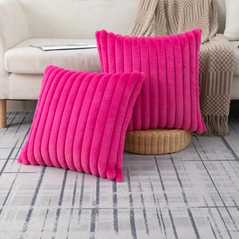 hot pink faux fur striped throw pillow covers with velvet back for sofa and bedroom decor