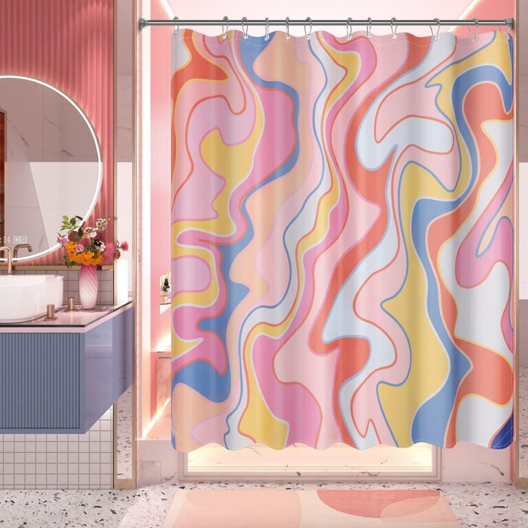 Abstract pink geometric wave shower curtain made from water-resistant polyester with a weighted hem, reinforced metal grommets, and 12 brushed nickel hooks for colorful modern farmhouse bathroom décor.