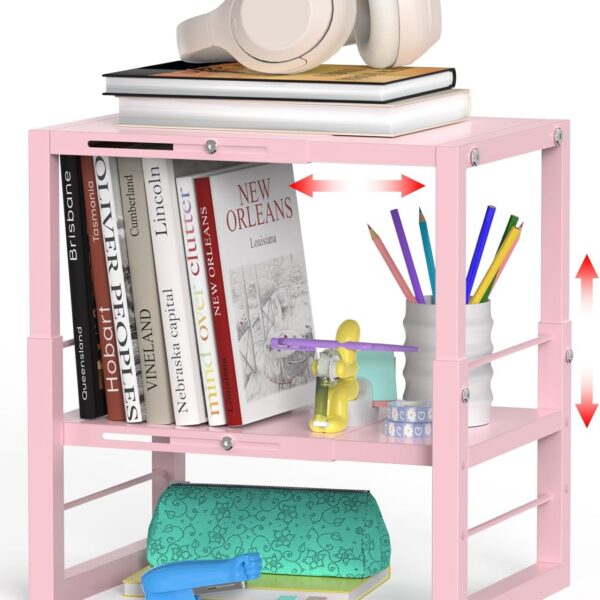 Adjustable pink metal locker organizer shelf with expandable width and height settings, designed to maximize storage space in school, office, and gym lockers while supporting books, supplies, and personal items.