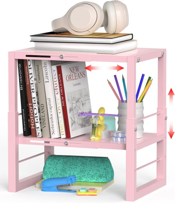 Adjustable pink metal locker organizer shelf with expandable width and height settings, designed to maximize storage space in school, office, and gym lockers while supporting books, supplies, and personal items.