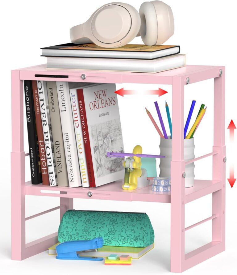Adjustable pink metal locker organizer shelf with expandable width and height settings, designed to maximize storage space in school, office, and gym lockers while supporting books, supplies, and personal items.