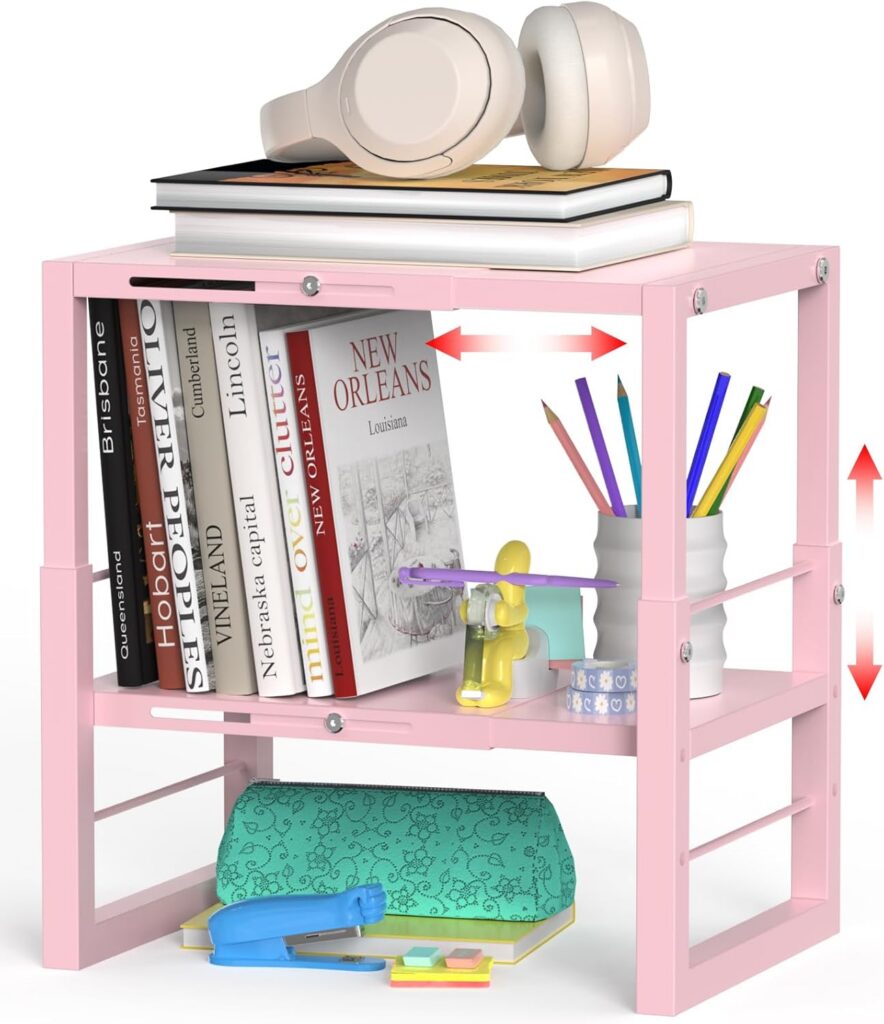 Adjustable pink metal locker organizer shelf with expandable width and height settings, designed to maximize storage space in school, office, and gym lockers while supporting books, supplies, and personal items.