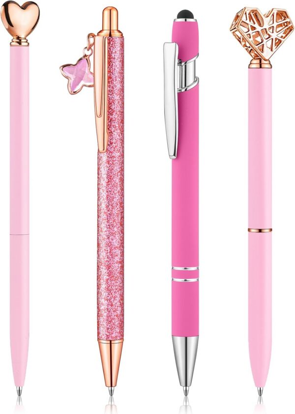Set of four decorative pink ballpoint pens featuring diamond, glitter, and heart accents with black ink, metal construction, and elegant feminine styling for planners, journals, office desks, and gifts.
